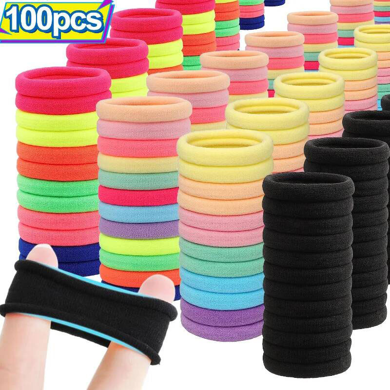 100ชิ้นที่มีสีสันไนล่อนเชือกผม/ยางรัดผมเด็ก/หางม้าผูกผม อุปกรณ์เสริม ส กรุบกรอบ