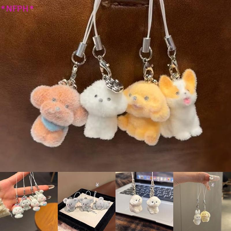 NFPH> 3D Flocking สัตว์น่ารักจี้โทรศัพท์ Lanyard Keycord Charm พวงกุญแจ DIY อุปกรณ์เสริมสาวของขวัญใหม่