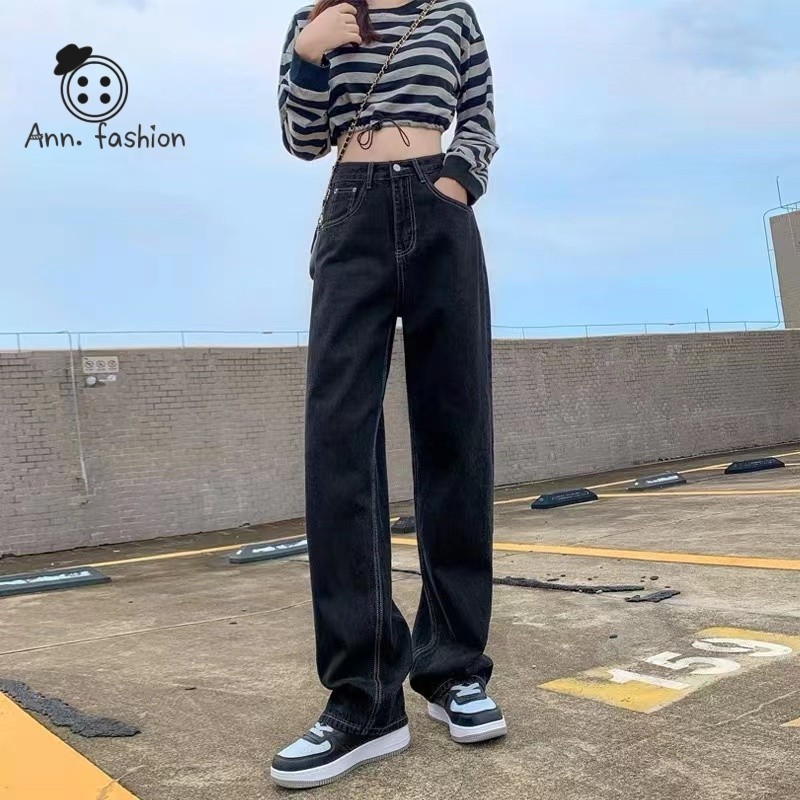 Ann กางเกงยีนส์แนววินเทจ กระบอกเอวสูง เนื้อผ้าดี แฟชั่นเกาหลี ทรงสวย สินค้าคุณภาพ คุ้มราคา ยีนส์สีดำใส่กับอะไรก็ดี #204