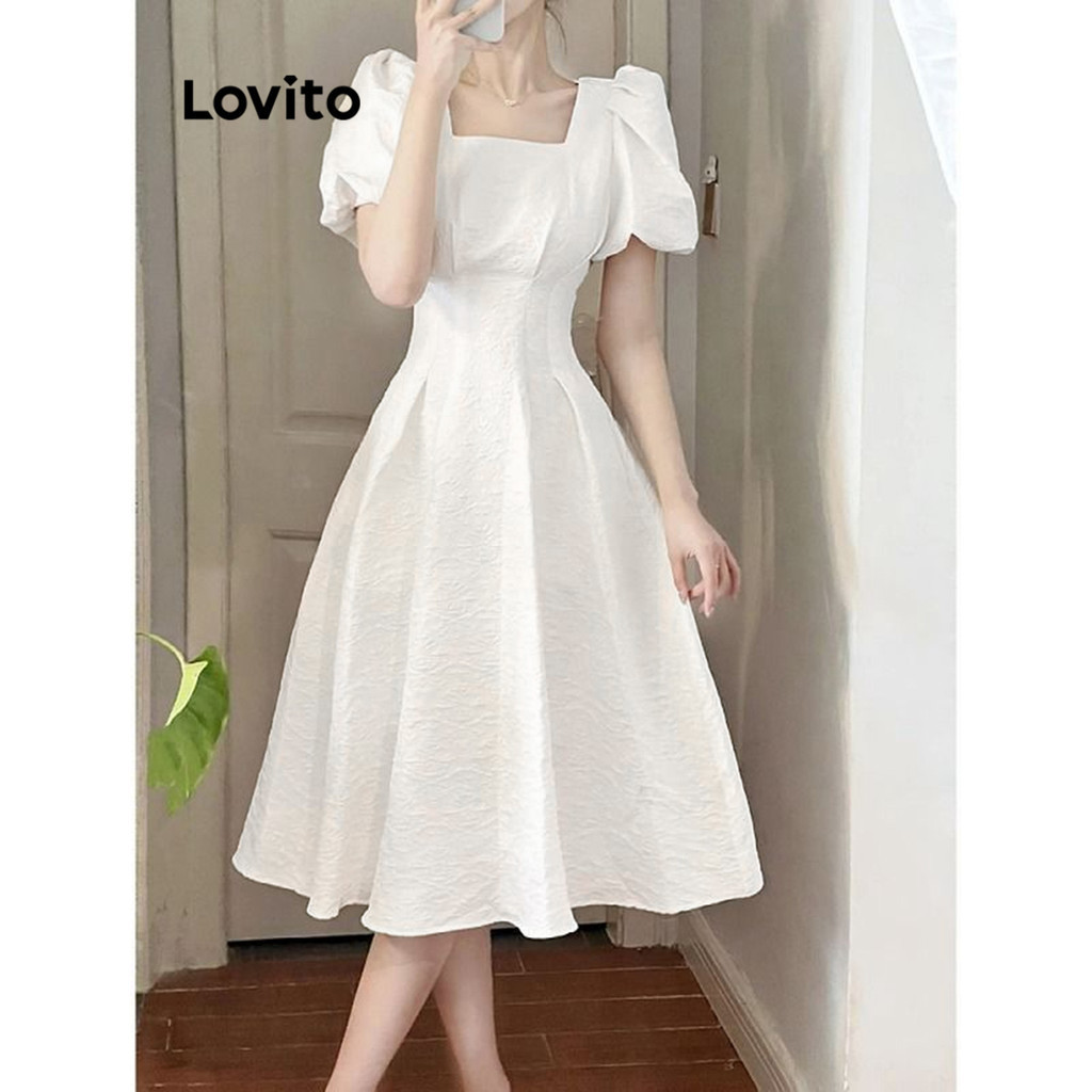 Lovito ชุดเดรสผู้หญิง แต่งจีบ สีพื้น สไตล์ลำลอง LNE35287 (สีขาว)