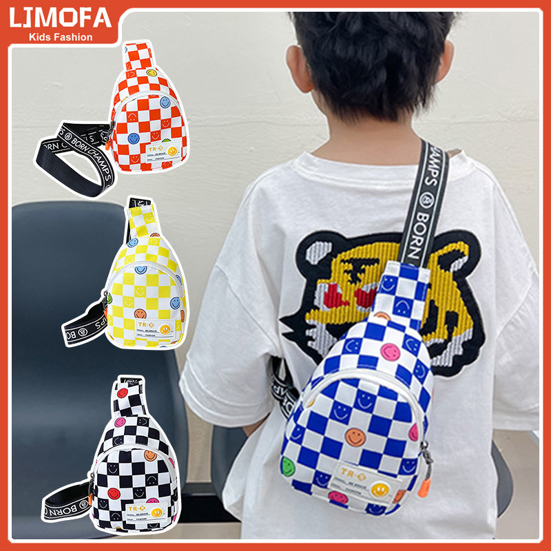 [COD]กระเป๋าสะพายหน้าอกเด็ก ลายกระดานหมากรุก การ์ตูนหน้ายิ้ม สำหรับเด็กผู้ชาย