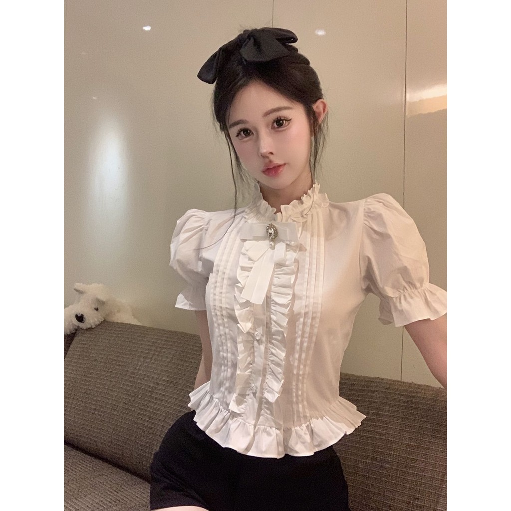 เสื้อเชิ้ตแขนสั้น เข้ารูป ประดับโบว์ สีขาว สไตล์ฝรั่งเศส สําหรับผู้หญิง