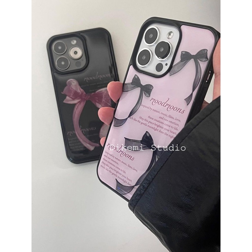 เคสป้องกันโทรศัพท์มือถือ แบบนิ่ม ขอบสีดํา ประดับโบว์ สไตล์เกาหลี สําหรับ Iphone 15promax 14pro 13 12 11 14plus