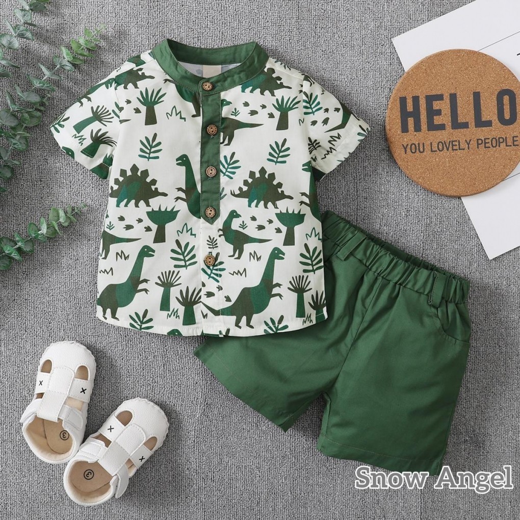 Toddler Boy 2 ชิ้นชุดฤดูร้อนแขนสั้นปุ่มลงเสื้อ + กางเกงขาสั้นเอวยางยืดชุด