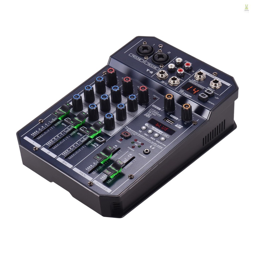 Flt T4 เครื่องผสมเสียงคอนโซล 4 ช่องสัญญาณ 16 DSP 48V ในตัว รองรับการเชื่อมต่อบลูทูธ เครื่องเล่น MP3 ฟังก์ชั่นบันทึกเสียง พาวเวอร์ซัพพลาย 5V สําหรับ DJ Networ