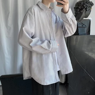 เสื้อแจ็กเก็ตแขนยาว แบบบาง ทรงหลวม ลายทาง แฟชั่นฤดูใบไม้ร่วง สไตล์เกาหลี และญี่ปุ่น สําหรับผู้ชาย