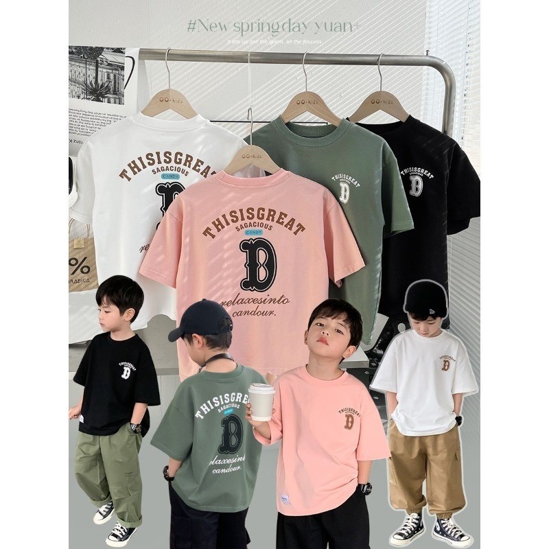 Kid Clothes(15-50kg) ผ้าฝ้าย 100% Unisex Kid Tshirt แขนสั้นแฟชั่นพิมพ์ Big Kid Wear Boy Top