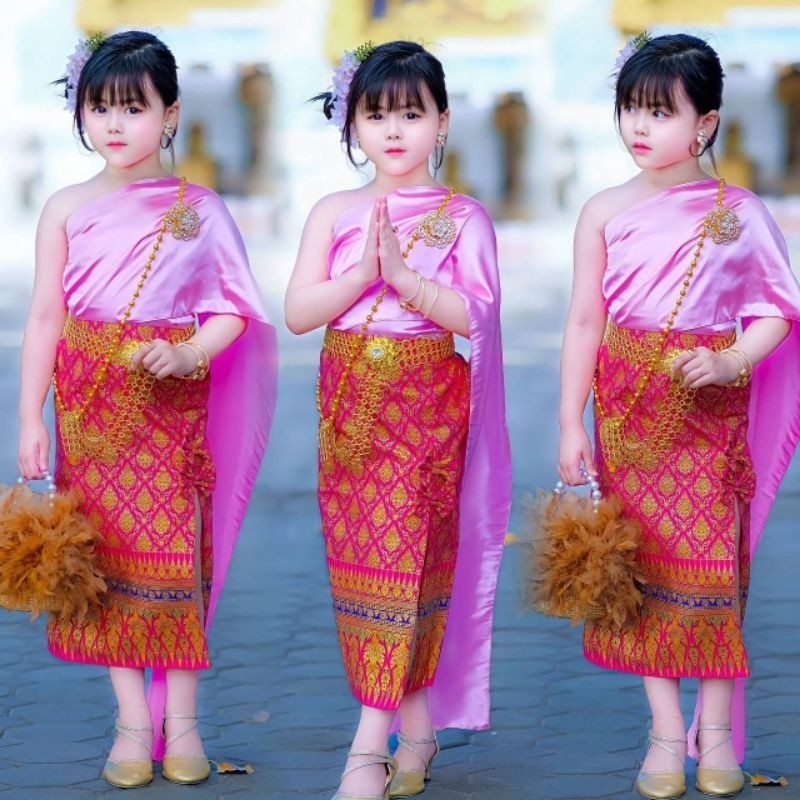in ชุดสไบ ชุดไทยเด็กผู้หญิง กระโปรงยาวแต่งโบว์