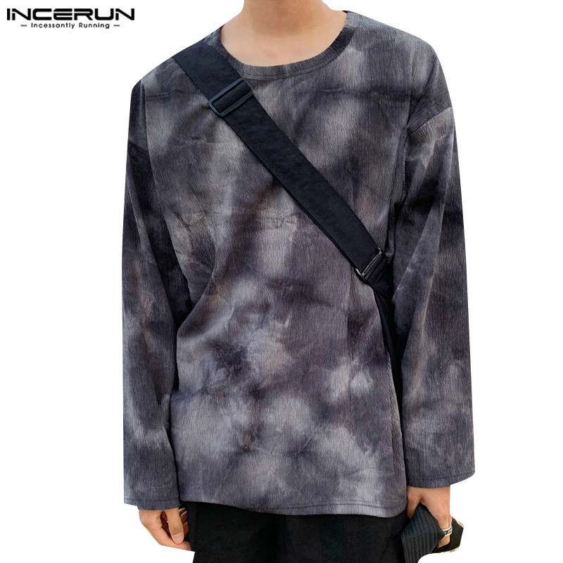 Incerun เสื้อยืด คอกลม แขนยาว สีมัดย้อม แฟชั่นเกาหลี สําหรับผู้ชาย