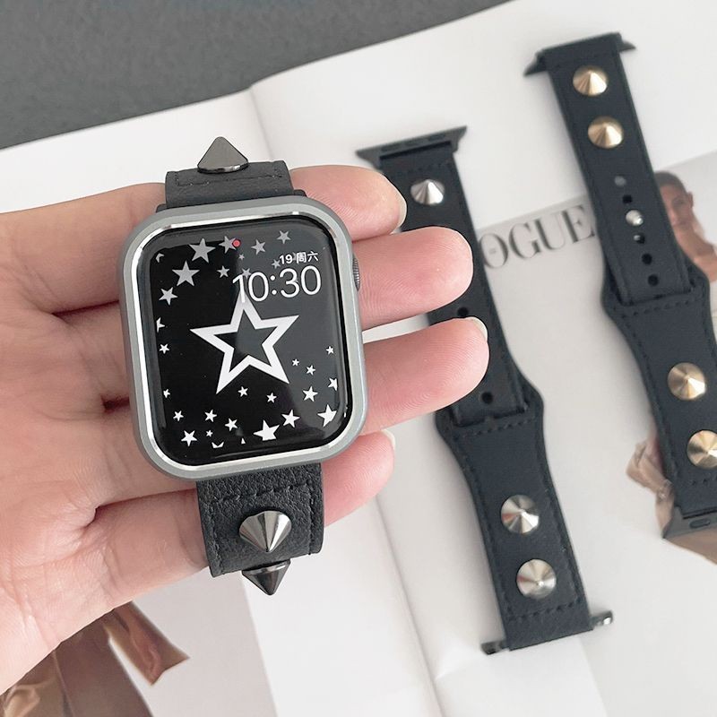 สายนาฬิกาข้อมือ สายหนังวัวแท้ ประดับหมุดโลหะ สําหรับ Apple Watch iwatch