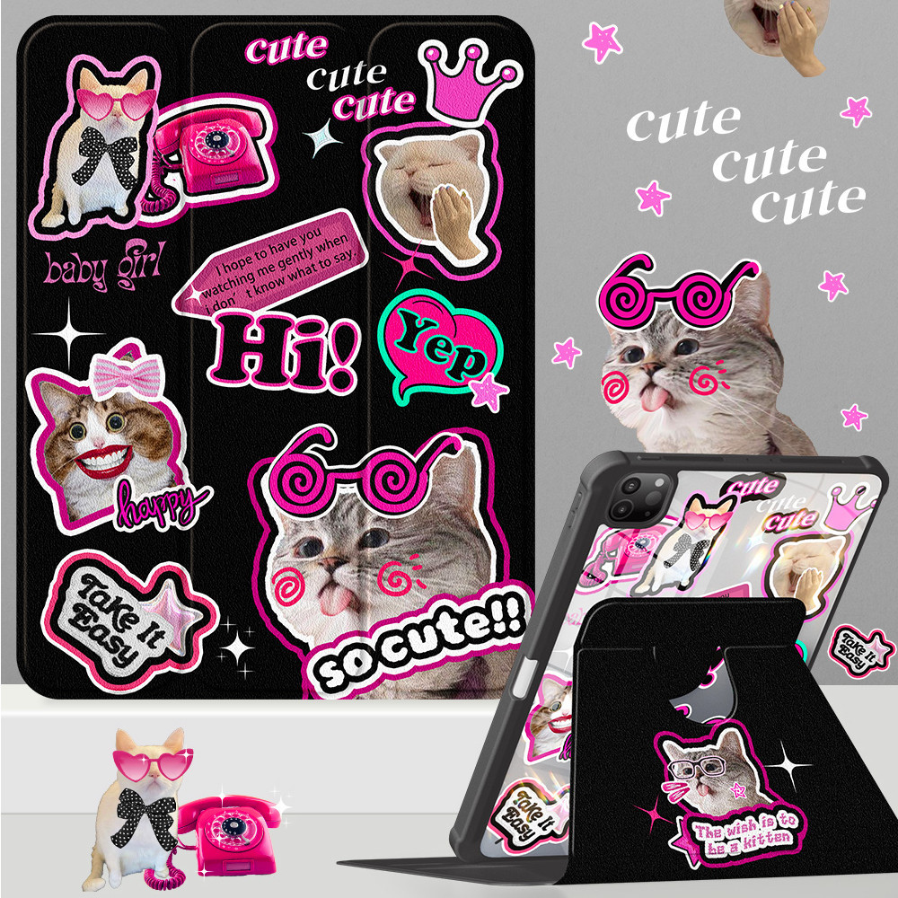 [iPad Air 4] เคสอะคริลิค ลายการ์ตูนแมว พร้อมช่องใส่ปากกา สําหรับ iPad Air 5 10.9 Pro 11 10th 9th 8th Gen 7th 10.2 Mini 6 Mini4 5 360 ° เคสหมุนได้