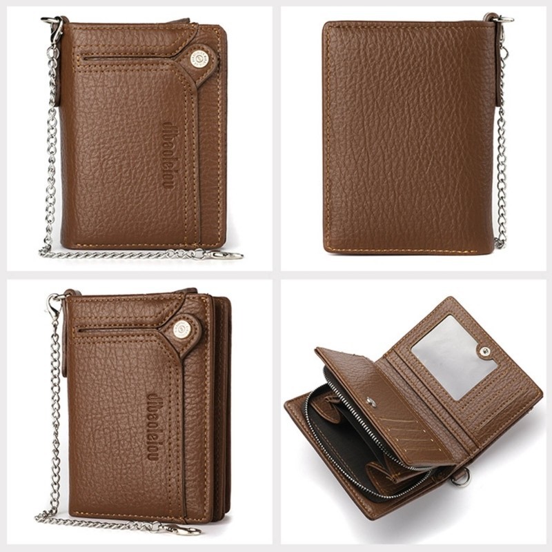 Run กระเป๋าใส่เหรียญแฟชั่นพร้อมช่องใส่การ์ดหลายช่อง Mens PU หนังกระเป๋าสตางค์สั้นพร้อมโซ่โลหะแบบถอดได้และซิป Pocke