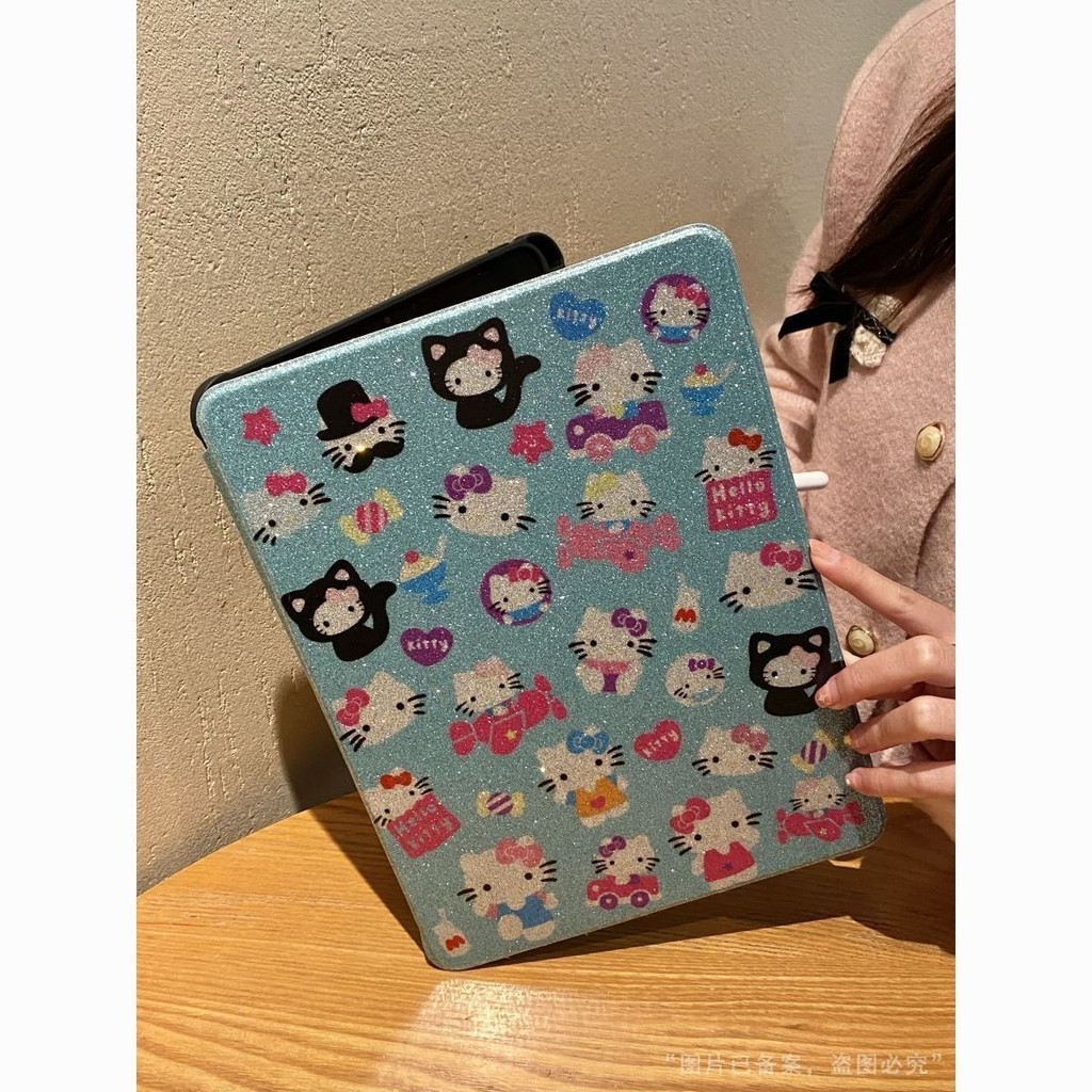 เคสป้องกัน ลายการ์ตูนคิตตี้ ประดับกลิตเตอร์ หมุนได้ 34 ซม. ป้องกันการงอ สําหรับ ipad air4 5 pro 11