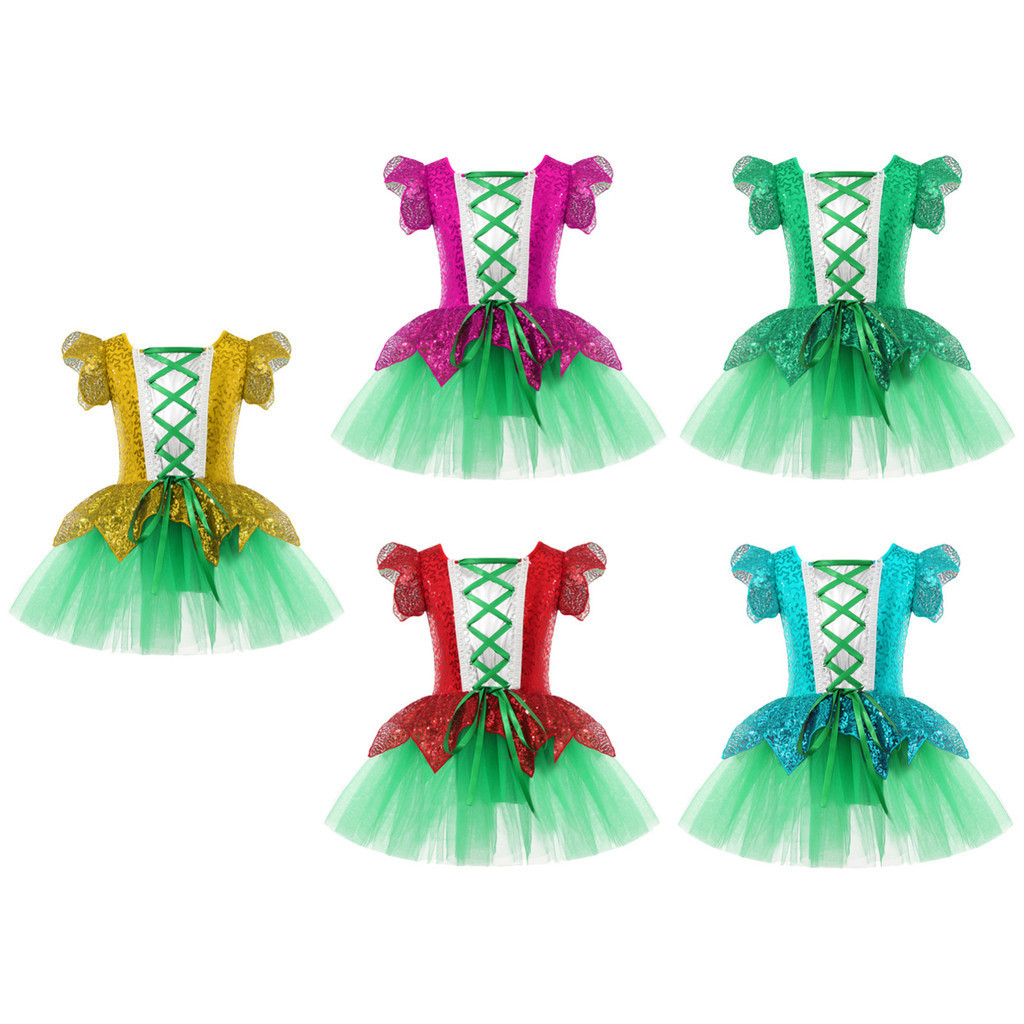 Rswnyirn เด็กสาวคริสต์มาสเครื่องแต่งกายเลื่อมเงา Tutu ชุดกระพือแขน Lace-up บอดี้สูท Dancewear สําหรับงานปาร์ตี้ Xmas Carnvial Stage Performance