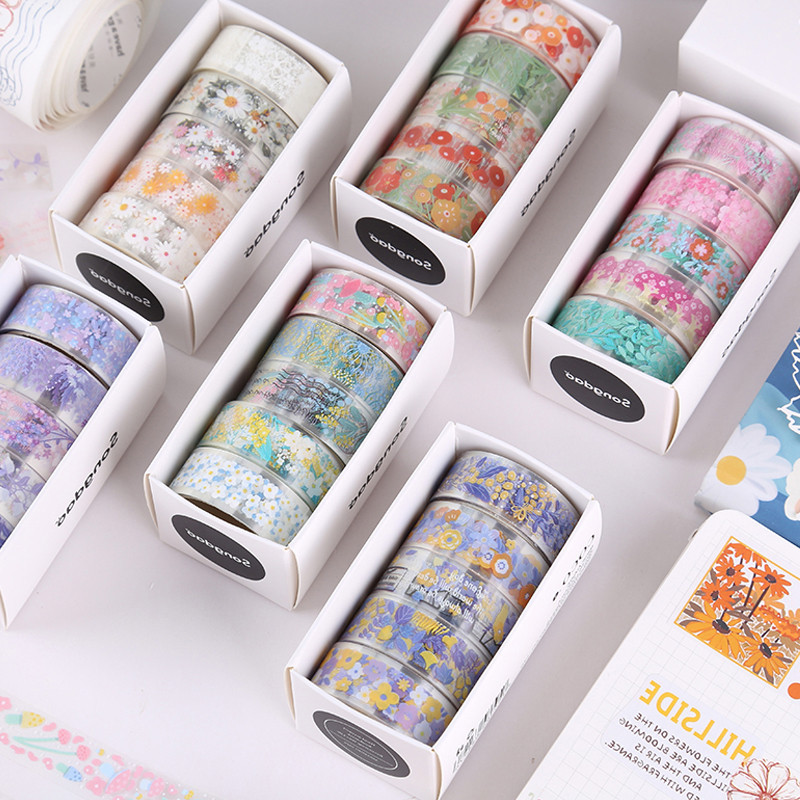 ม้วนเทปสติกเกอร์ PET ลายดอกไม้ สีโปร่งใส สําหรับตกแต่งสมุดภาพ DIY 5 ม้วน