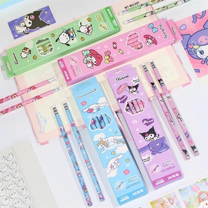 12 ชิ้น ดินสอ Sanrio น่ารัก Kuromi Cinnamoroll My Melody เครื่องเขียนนักเรียน อุปกรณ์การเรียน รางวัล นักเรียน ดินสอ ของขวัญ