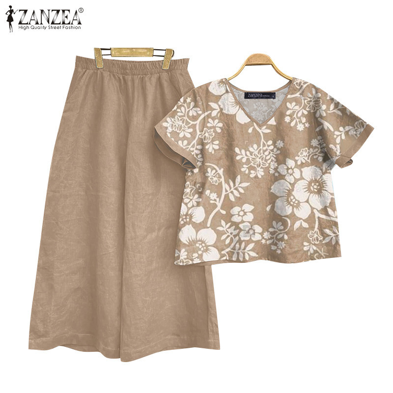 Zanzea เสื้อท็อป คอวี แขนสั้น เอวยางยืด พิมพ์ลาย กางเกง สไตล์วินเทจ สําหรับผู้หญิง