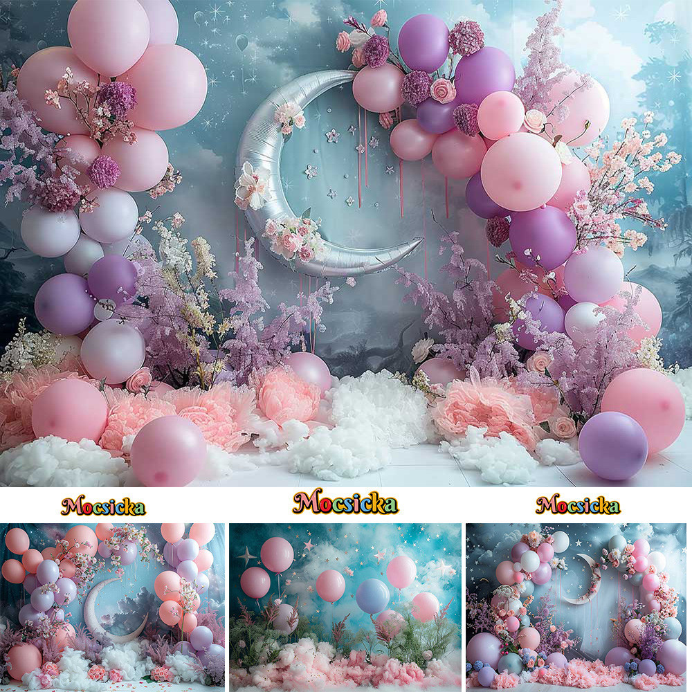 ดอกไม้ Night Birthday Party พื้นหลัง Moon Blue Starry Sky Clouds ฉากหลัง Dreamy สีม่วงบอลลูนประตูเด็