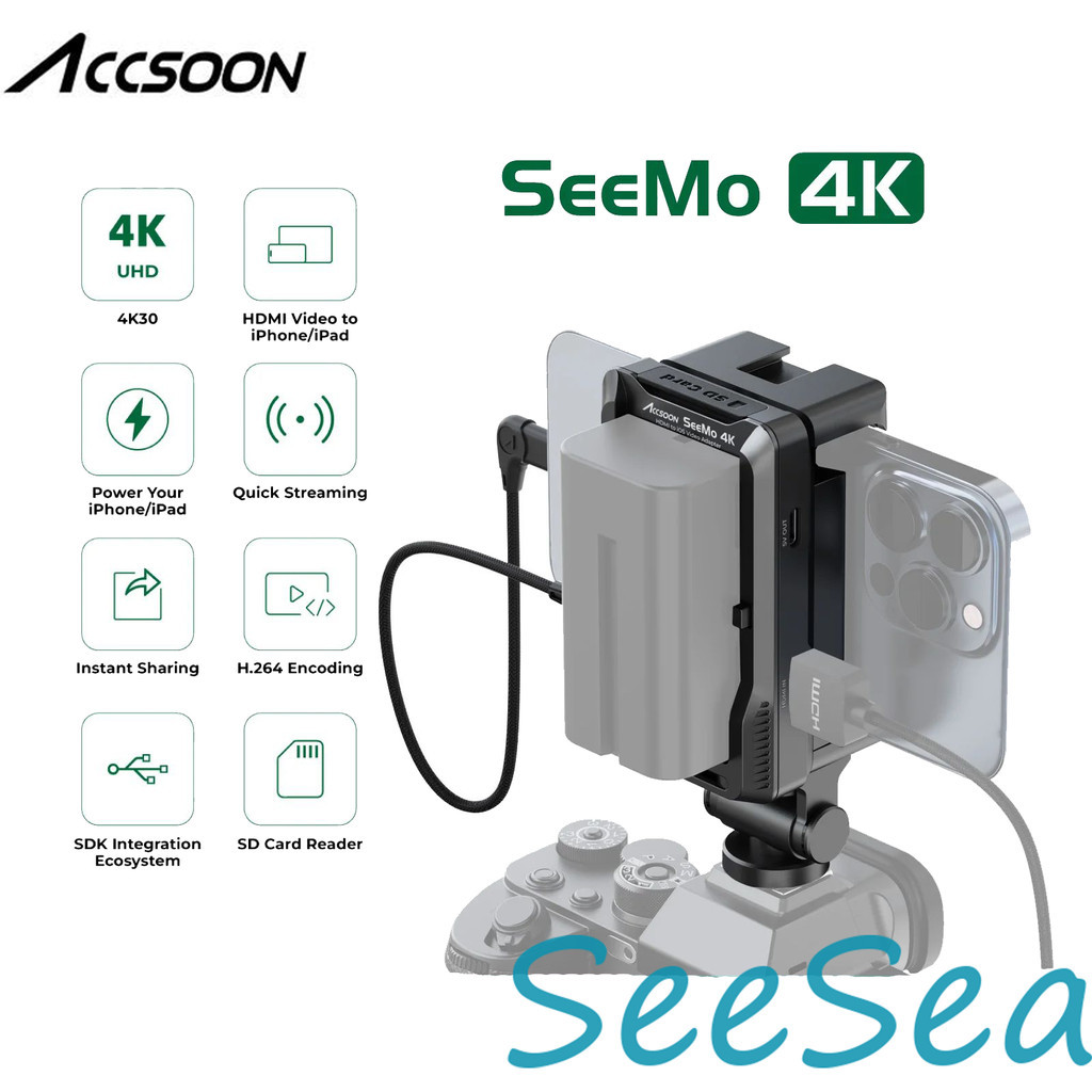 Accsoon Seemo 4K SD Card Reader iPhone ipad การชาร์จ H.264 การบันทึกการแชร์วิดีโอการสตรีมสดจับภาพ HDMI ไปยังจอภาพ IOS