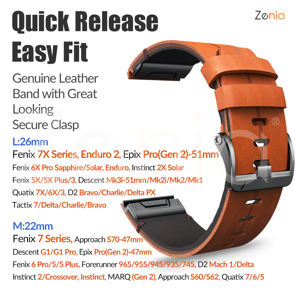 26 มม.22 มม.ของแท้หนัง Quick fit สําหรับ Garmin Fenix 7X 7 Pro 6X 6 Sapphire Solar Descent G1 Mk1 Mk2 Mk2i Mk3i 51 มม.Tactix Delta Forerunner 935 945 Approach S70 47 มม.