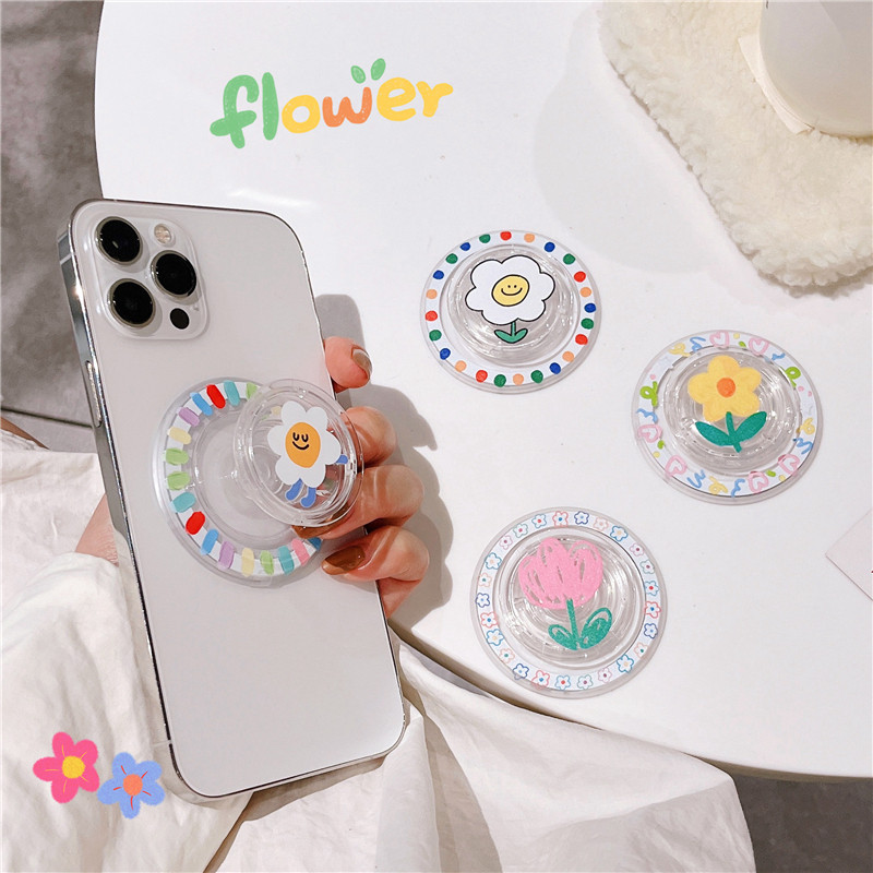 ไม่มีอะไร ดอกไม้หน้ายิ้มmagnetic Grip Stand ใช้เคสโทรศัพท์แม่เหล็กแฟชั่นวงกลมขนาดเล็ก Creative Telescopic พับ พกพาสะดวก PC Phone Grips