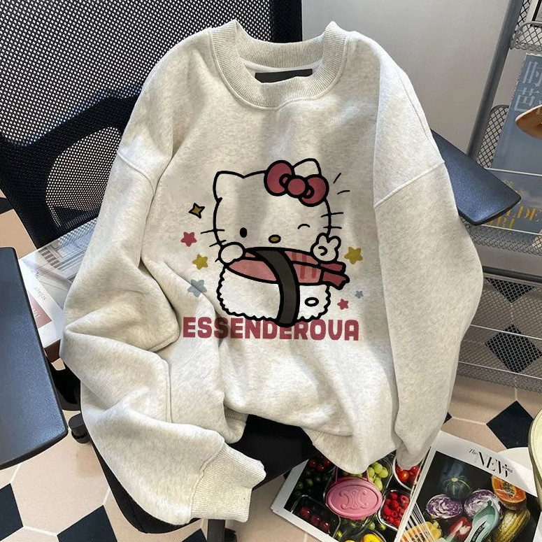 เสื้อกันหนาวแขนยาว คอกลม ทรงหลวม ลาย Hello Kitty แบบเรียบง่าย สไตล์เกาหลี สําหรับผู้หญิง