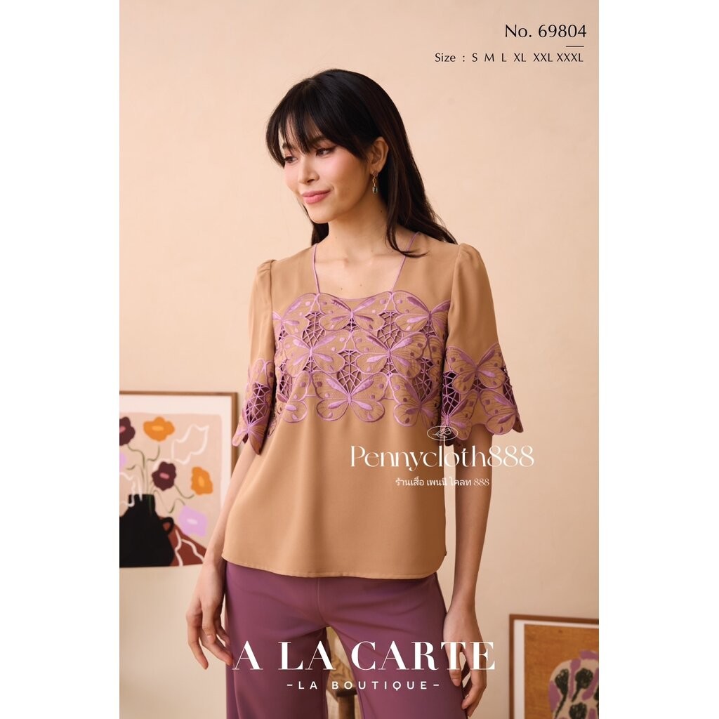 69804 เสื้อ A La Carte เครปคอเหลี่ยม งานปักผีเสื้อ แขนสั้นทรงแฟร์ มีซับ by PENNY CLOTH 888