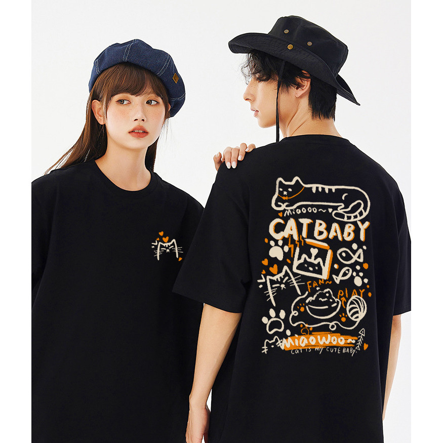 COD（จัดส่งภายใน 24 ชั่วโมง）🚀คู่รักสวมเสื้อยืดออกแบบใหม่ผ้าฝ้ายแท้แขนสั้นสีดำแฟชั่นผู้หญิงคอกลมหลวมขนาดใหญ่oversize