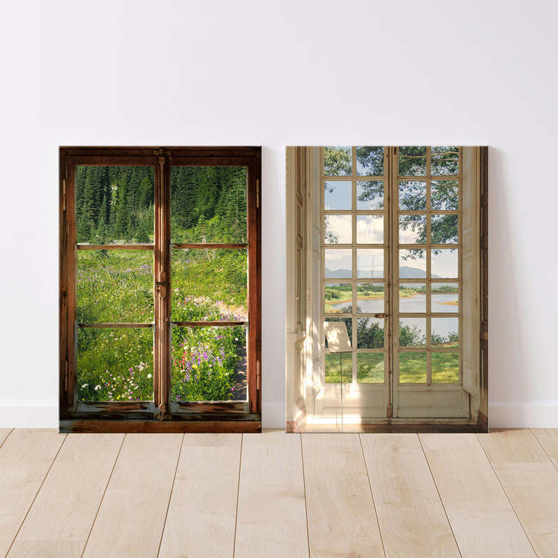 [พร้อมกรอบไม้] ห้องนั่งเล่นเรียบง่ายทันสมัยภาพวาดตกแต่งหน้าต่างฝรั่งเศสอบอุ่นทิวทัศน์หน้าต่างขนาดเล็กสดร้านอาหารห้องนอนเตียงและอาหารเช้าภาพวา - รูปที่ 2