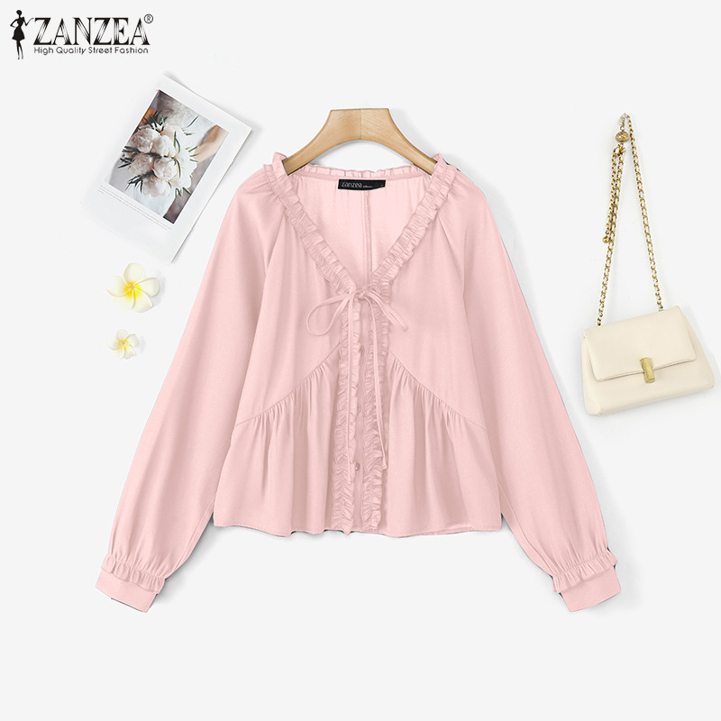 Zanzea เสื้อเบลาส์เดนิมอัดพลีทแขนยาวคอวีเกาหลีสําหรับผู้หญิง — صورة 5