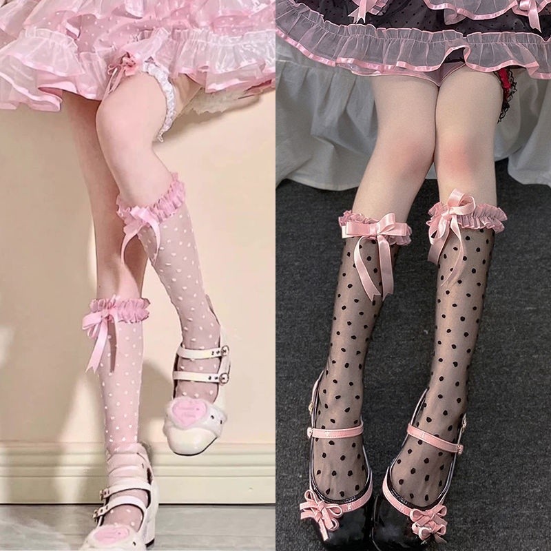 JK Lolita ถุงเท้ายาวถึงเข่า พิมพ์ลายจุด ประดับโบว์ คริสตัล สีชมพู เซ็กซี่ สไตล์ญี่ปุ่น สําหรับเด็กผู้หญิง