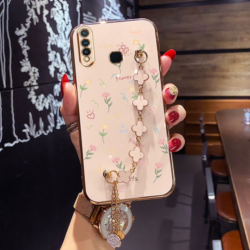เคส Vivo Y19 Y97 Y71i Y71 V11i U3 1915 ลายดอกไม้ ขนาดเล็ก พร้อมสร้อยข้อมือ ใบโคลเวอร์สี่ใบ กันกระแทก