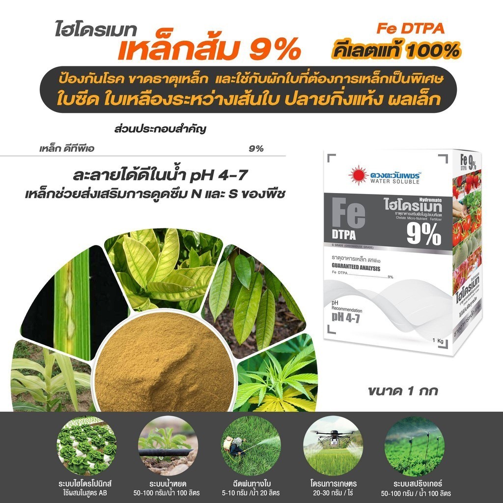 ปุ๋ย คีเลต เหล็กส้ม 9% Fe-DTPAละลายน้ำและสามารถดูดซึมไปใช้ได้ทั้งทางรากและทางใบ(แบ่งขาย)ดวงตะวันเพชร