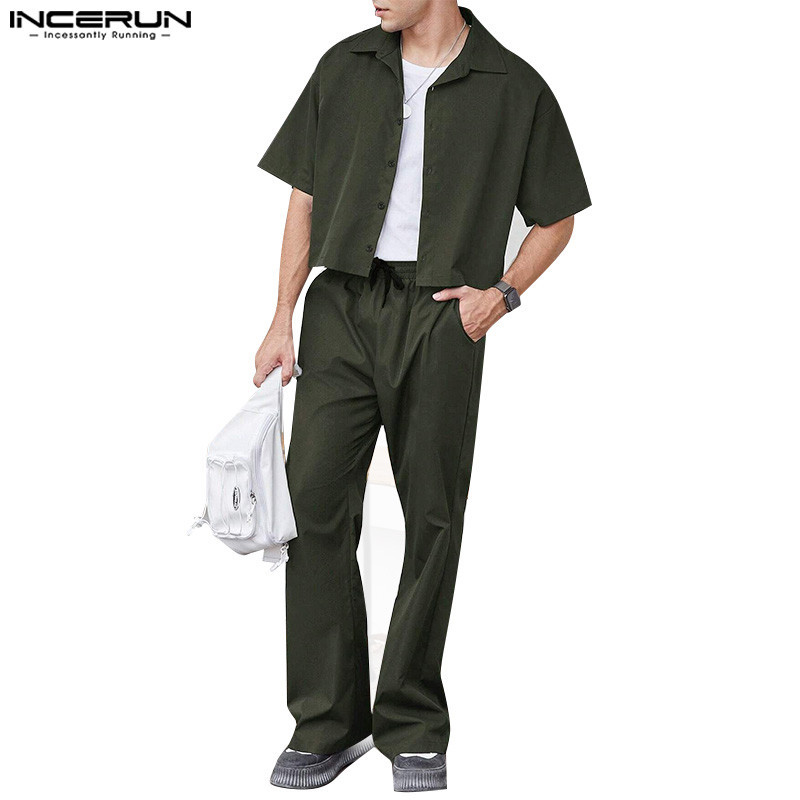 Incerun ชุดสูทลําลอง แขนสั้น สีพื้น สไตล์วินเทจ สองชิ้น สําหรับผู้ชาย