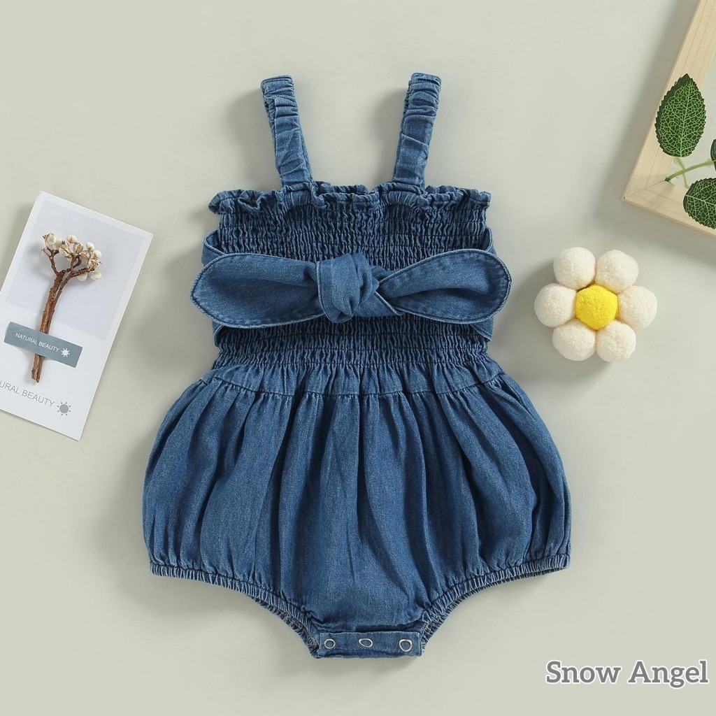 infant Girls Denim Romper สีทึบ Bowknot Ruched แขนกุดสลิงบอดี้สูทฤดูร้อนทารกแรกเกิด Playusits