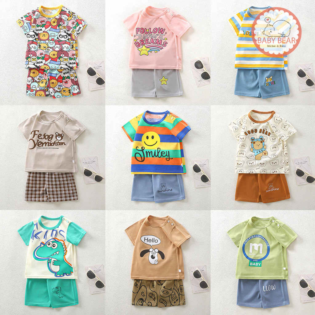 พร้อมส่ง เสื้อผ้าเด็ก ชุดเซทเสื้อแขนสั้น+กางเกงขาสั้น ชุดเด็กลายการ์ตูน น่ารักๆ ผ้าcotton