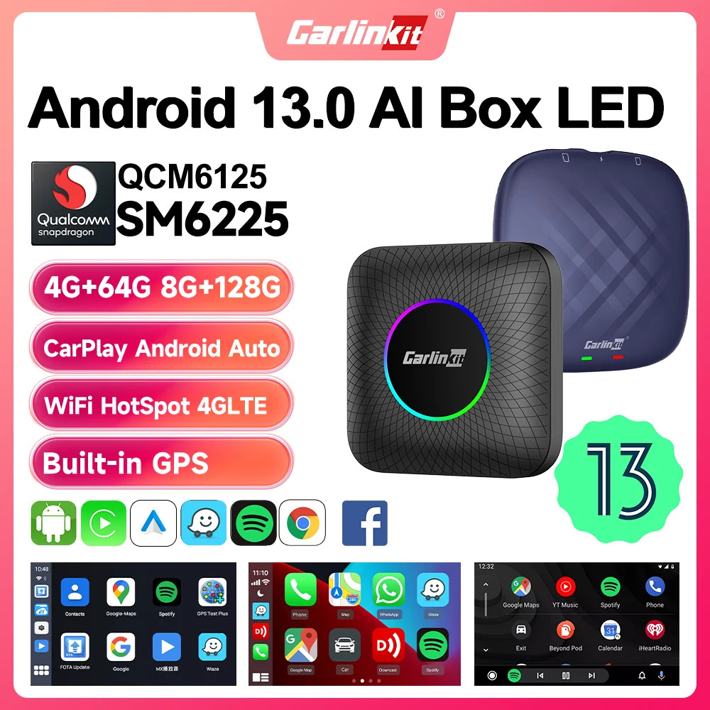 Carlinkit CarPlay AI Box อะแดปเตอร์อัพเกรด ไร้สาย Android 13.0 QCM6225 8-Core Android 2.4+5GGPS 64G 128G FOTA 2024