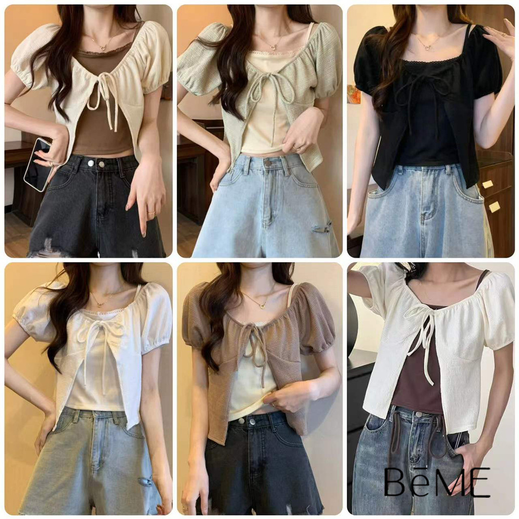 เสื้อครอปเเขนสั้น แขนตุ๊กตา เเต่งเสื้อสายเดี่ยวข้างใน แมทได้ลุคน่ารักๆ