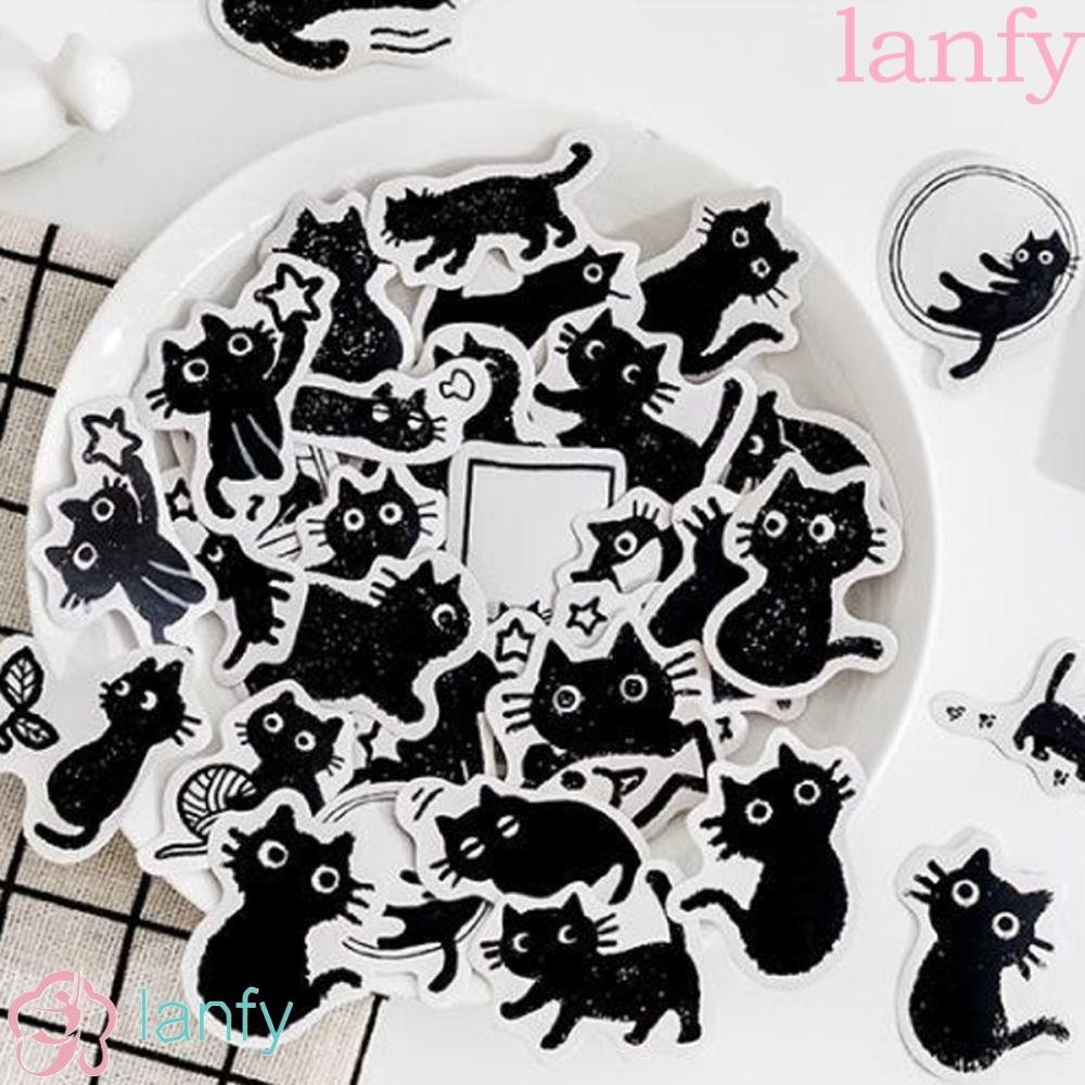 Lanfy สติกเกอร์ ลายแมวดํา กันน้ํา สไตล์วินเทจ สําหรับตกแต่งสมุดภาพ เครื่องเขียน สมุดภาพ 45 ชิ้น