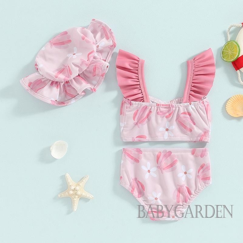 Baga-0-3 ปี เด็กผู้หญิง ชุดว่ายน้ํา 3 ชิ้น พิมพ์ลายดอกไม้ แขนบิน เสื้อกล้าม ชุดว่ายน้ํา กางเกงขาสั้น หมวกว่ายน้ํา หมวกชายหาด ชุดบิกินี่ - รูปที่ 4