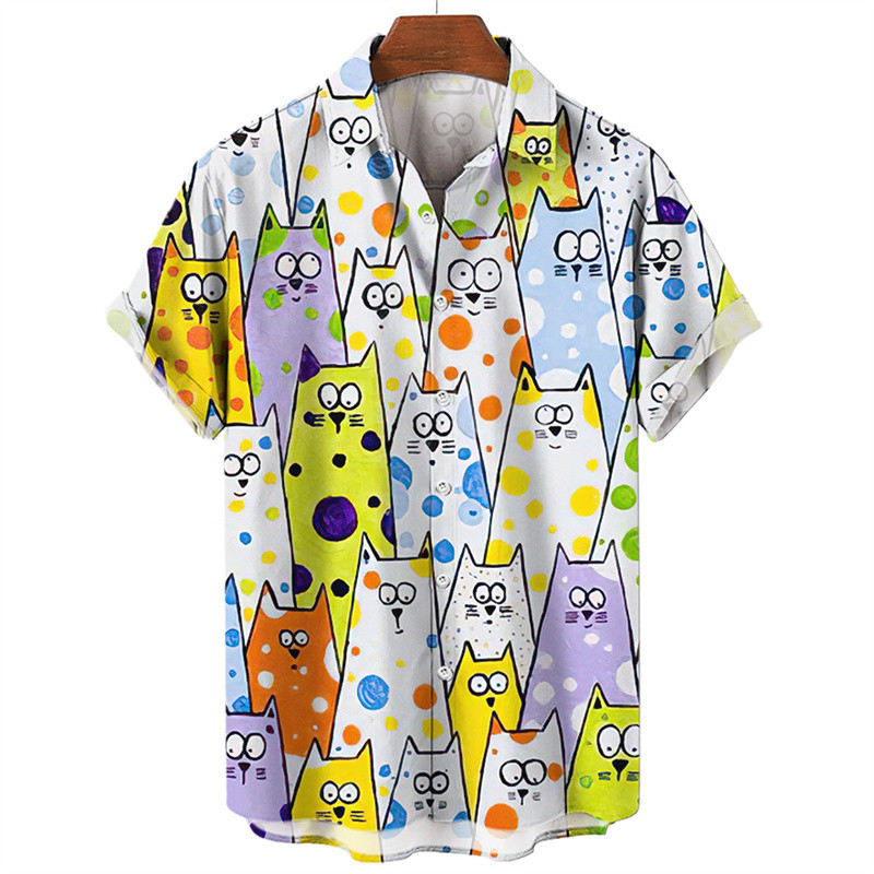 เสื้อเชิ้ตแขนสั้น คอปก พิมพ์ลายการ์ตูนแมว แฟชั่นฤดูร้อน สไตล์สตรีท สําหรับผู้ชาย และผู้หญิง Y2k