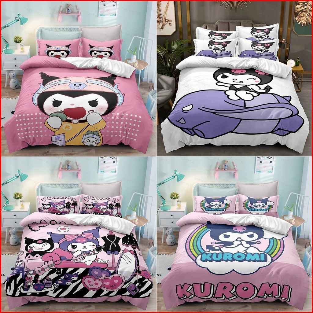 Ys Sanrio Kuromi ชุดเครื่องนอน ผ้าปูที่นอน ปลอกหมอน ผ้าห่ม ซักทําความสะอาดได้ 3IN1