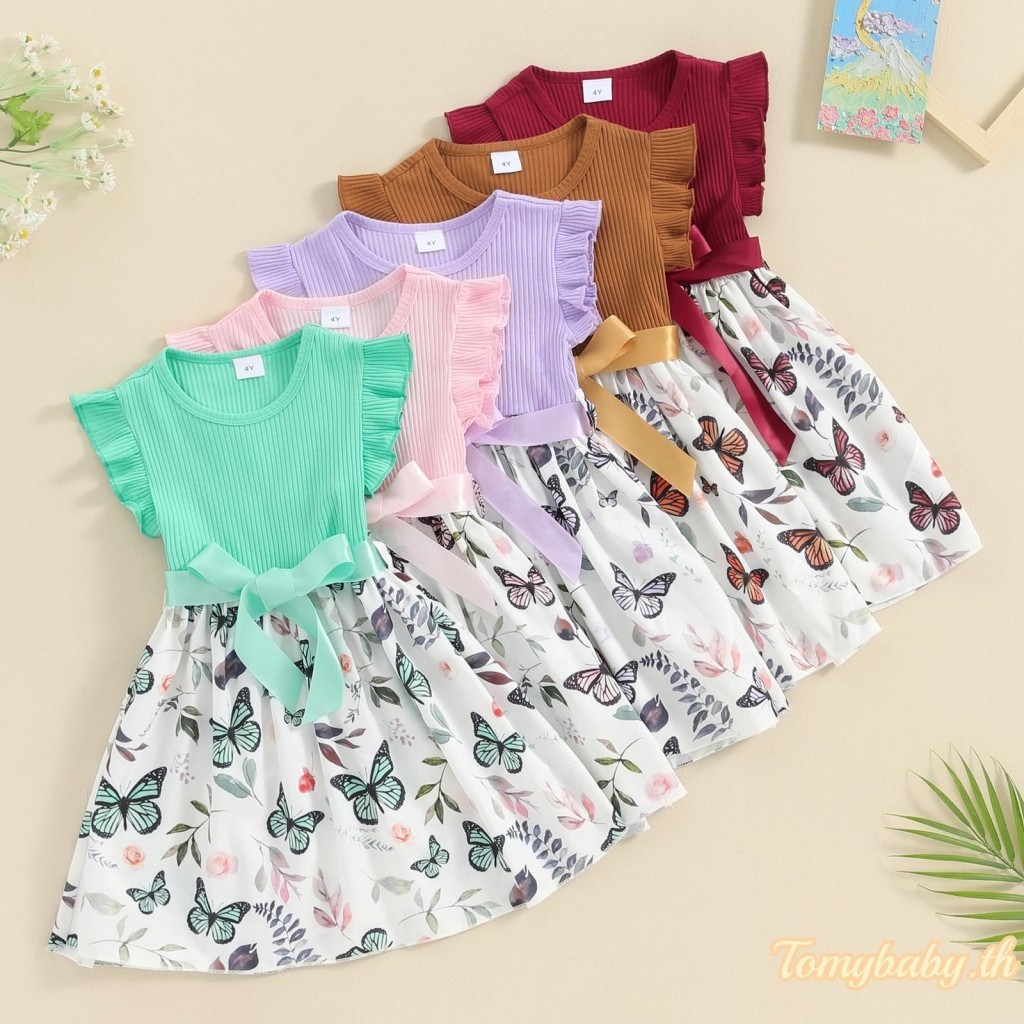 Tomybaby- ชุดเดรส คอกลม แขนพอง พิมพ์ลายผีเสื้อ พร้อมเข็มขัด สีพื้น แฟชั่นฤดูร้อน สําหรับเด็กผู้หญิง 2 ชิ้น