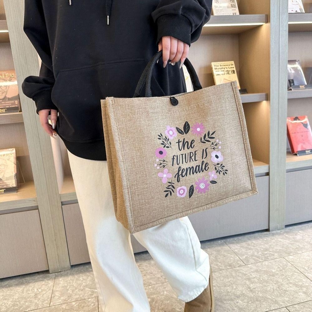 UUMIR กระเป๋าถือชายหาด, กระเป๋าโท้ทผ้าลินินหูหิ้วด้านบนพิมพ์ลายตัวอักษร,กระเป๋าใส่อาหารกลางวันความจุขนาดใหญ่แบบใช้ซ้ําได้ - รูปที่ 2