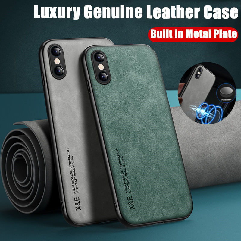 สําหรับ Apple iPhone X XR XS Max บาง มินิมอล เคสหนังแท้ แกะ พร้อมแผ่นโลหะในตัว ด้านหลัง