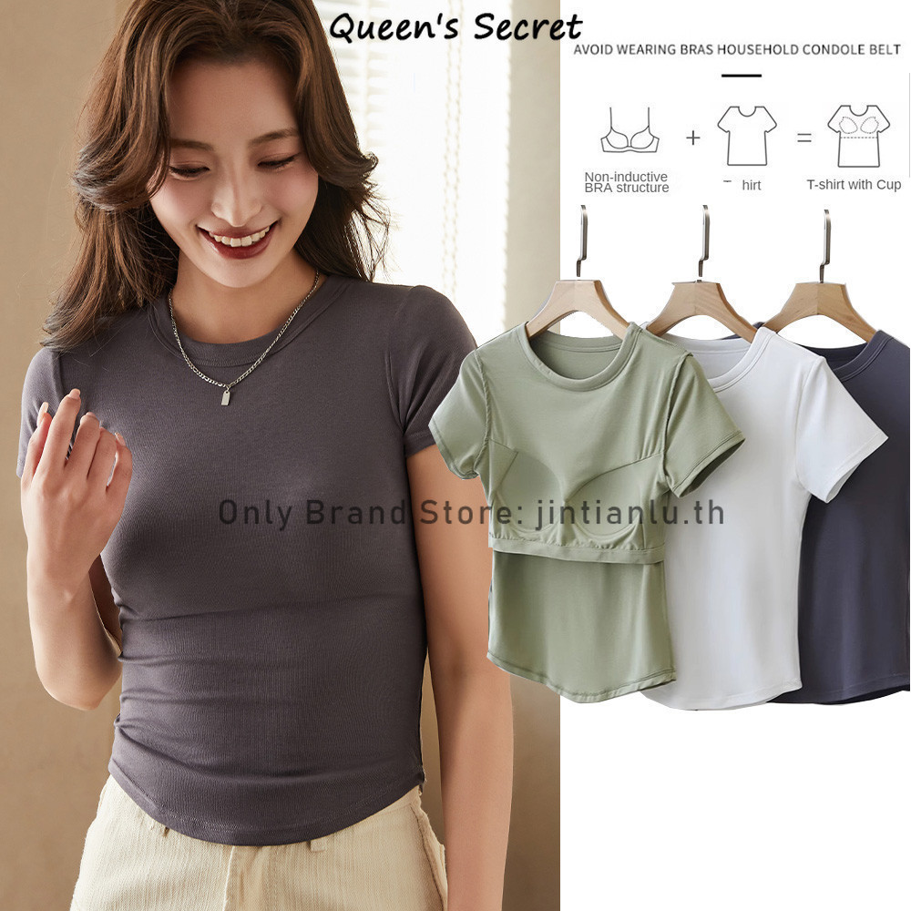 [Queen's Secret] เสื้อยืดครอปท็อป แขนสั้น เอวลอย ทรงไม่สมมาตร สีขาว สีดํา สําหรับผู้หญิง