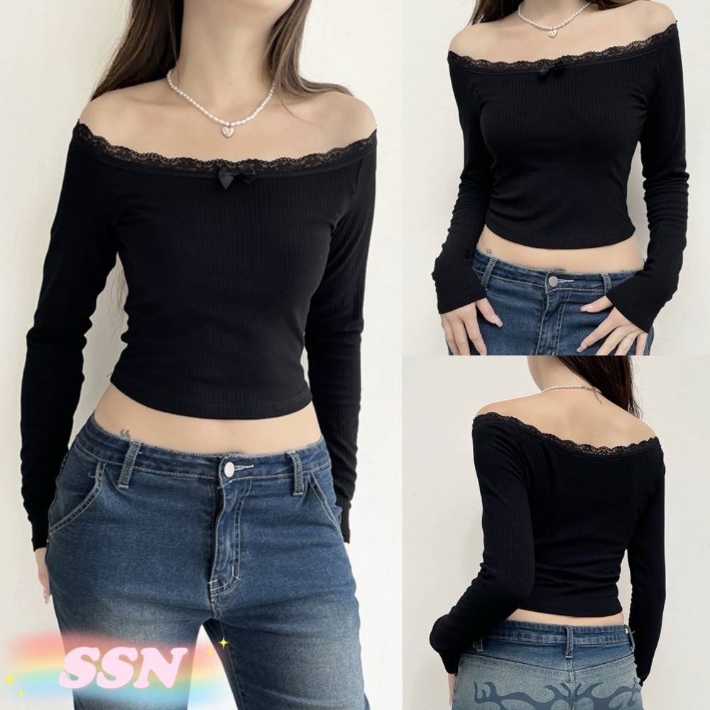 ShineSatin จัดส่งจากกรุงเทพ เสื้อยืดแขนยาวลูกไม้สีดำฤดูร้อน สลิมก็ผอม เสื้อโบว์สั้นสีดำ 202