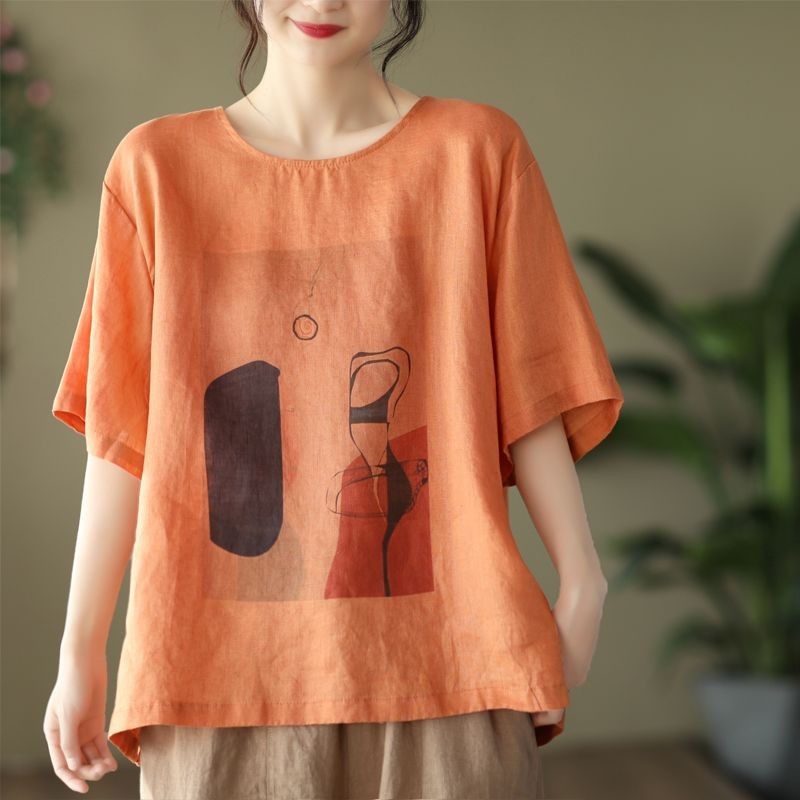 เสื้อยืดแขนสั้น คอกลม ผ้าฝ้าย และผ้าลินิน พิมพ์ลายดอกไม้ ทรงหลวม เข้ากับทุกการแต่งกาย แฟชั่นฤดูร้อน สไตล์เรโทร สําหรับผู้หญิง 2024