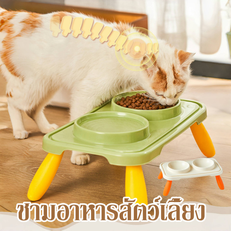 พร้อมส่ง ชามอาหารสัตว์ ชามอาหารสัตว์เลี้ยง 2 หลุม มาพร้อมชามแสตนเลส แบบกันมด ถอดล้างได้