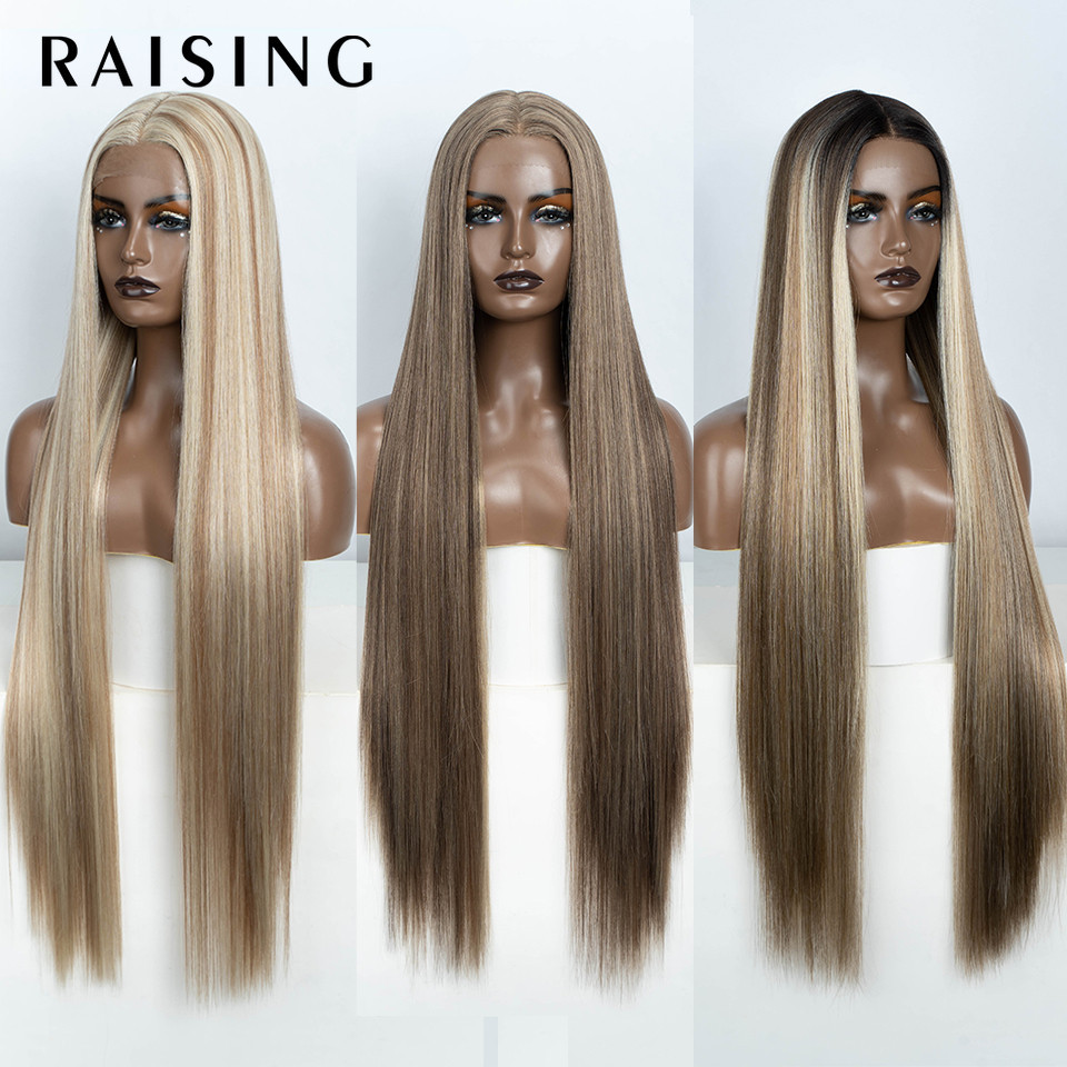 Raising วิกผมสังเคราะห์ ลูกไม้ด้านหน้า ยาว 38 นิ้ว สีน้ําตาล สีแดง สีบลอนด์ ไฮไลท์ วิกผมคอสเพลย์ สําหรับผู้หญิง